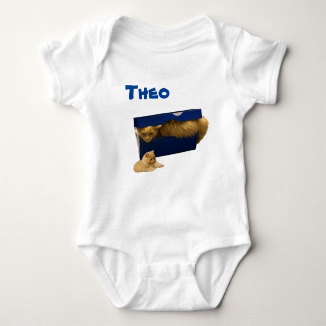 Theo Name With Cat In A Box, Baby Bodysuit (Front)