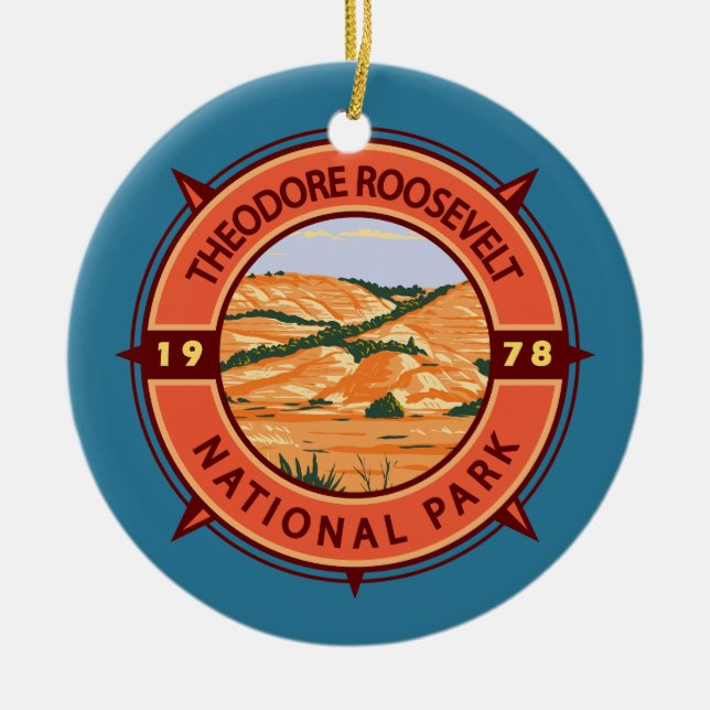 Theodore Roosevelt National Park Retro Compass Ceramic Ornament (Front)