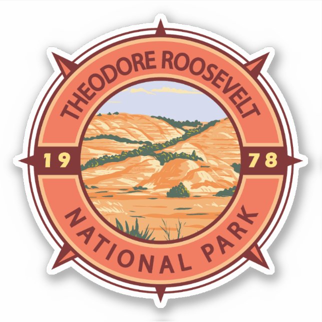 Theodore Roosevelt National Park Retro Compass Sticker (Front)