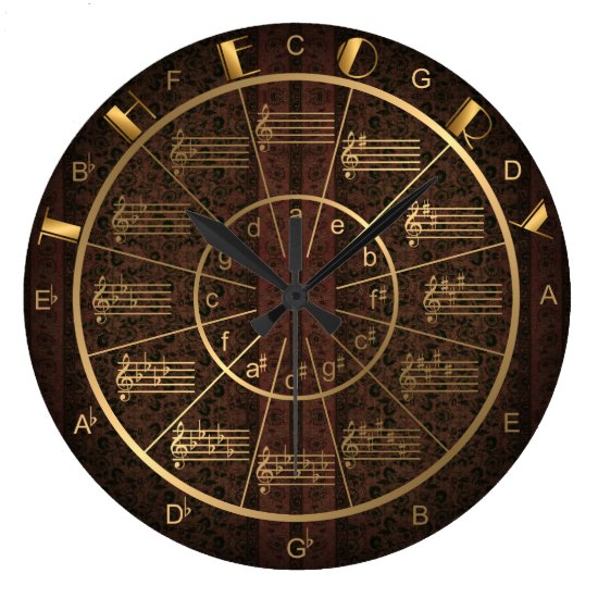 Theory of Music in Gold on Deep Red Pattern Large Clock