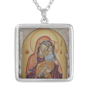 Theotokos and the Christ Child in an Ornate Frame Silver Plated Necklace
