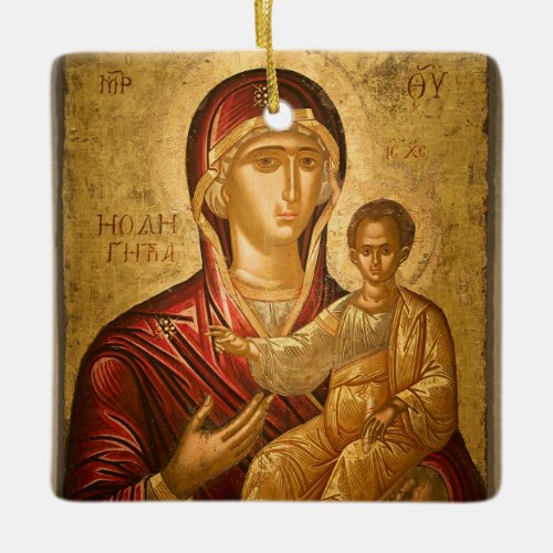 Theotokos and the Christ Child Red and Gold Icon Ceramic Ornament