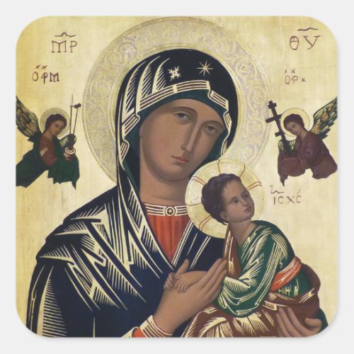 Theotokos and the Christ Child with Angels Icon Square Sticker