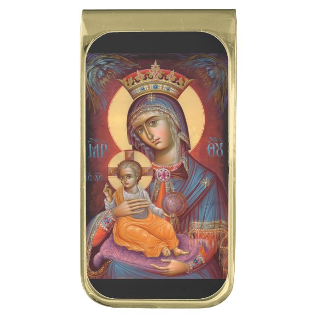 Theotokos Mary Holding Jesus Gold Finish Money Clip (Front Vertical)