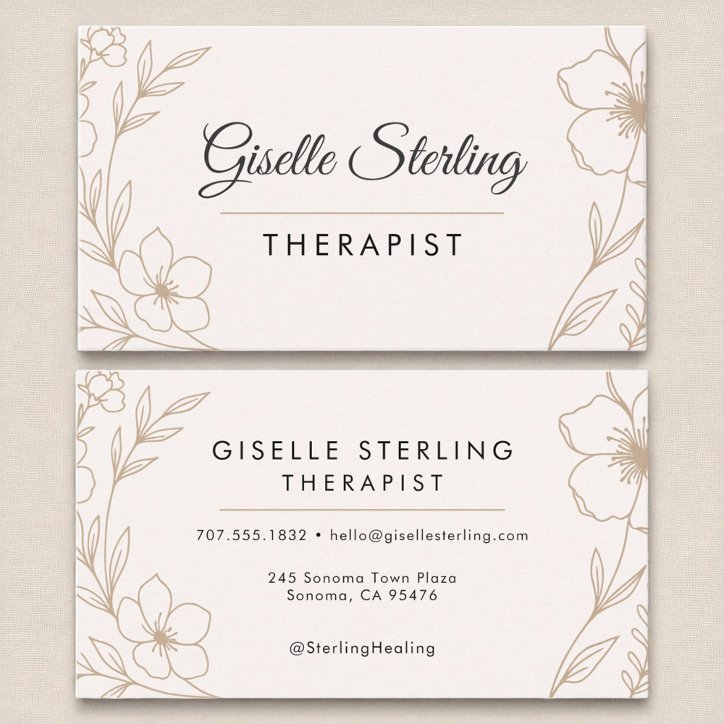 Therapist Botanical Flowers Blush Black Elegant Business Card