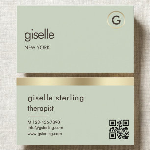 Therapist Counselor Sage Green Gold QR Code  Business Card