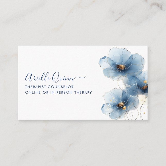 Therapist Counselor Serene Indigo Watercolor Business Card (Front)