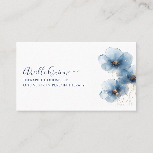 Therapist Counselor Serene Indigo Watercolor Business Card (Front)