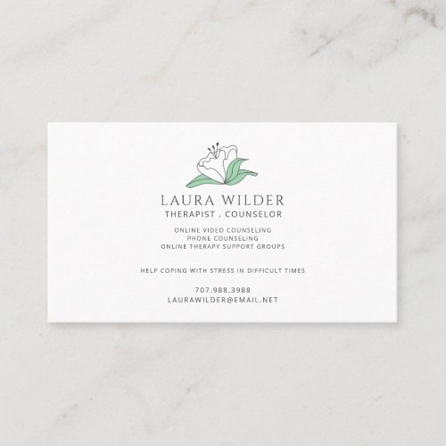Therapist Counselor Serene White Flower Business Card