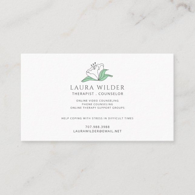 Therapist Counselor Serene White Flower Business Card (Front)