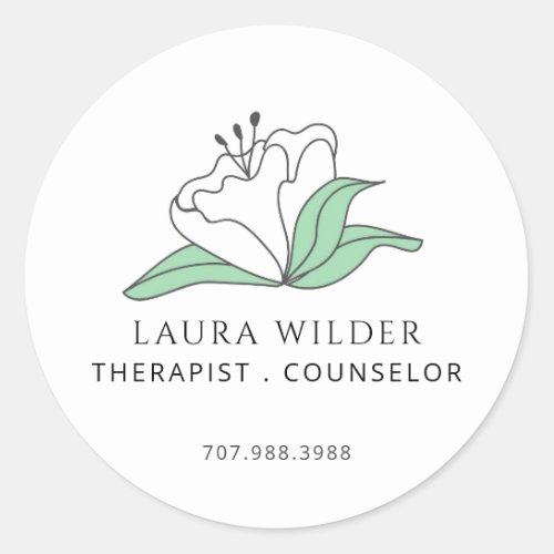 Therapist Counselor Serene White Flower Business Classic Round Sticker