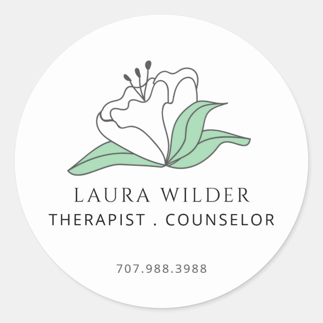 Therapist Counselor Serene White Flower Business Classic Round Sticker (Front)