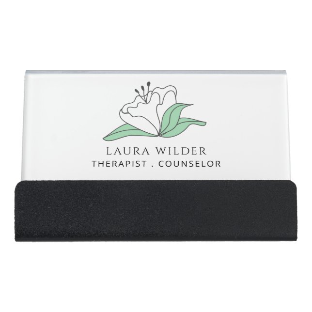 Therapist Counselor Serene White Flower  Desk Business Card Holder (Front)