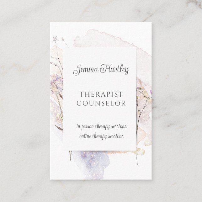 Therapist Counselor Serene Wild Flowers Watercolor Business Card (Front)