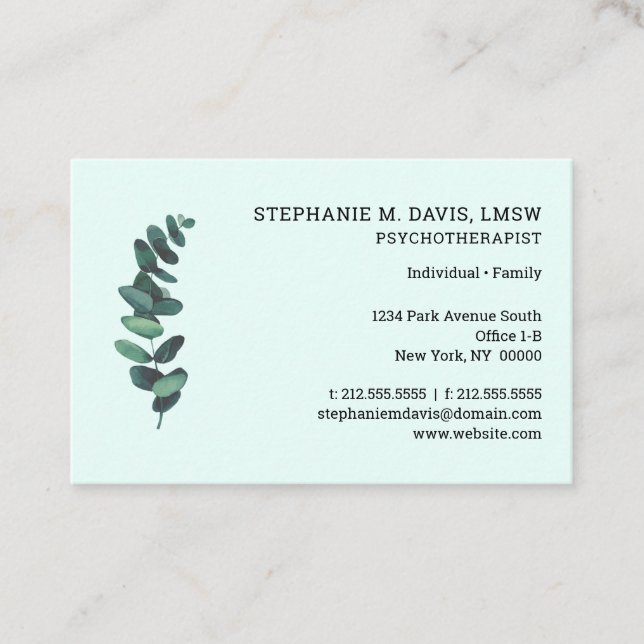 Therapist Eucalyptus Green Euro Business Card (Front)