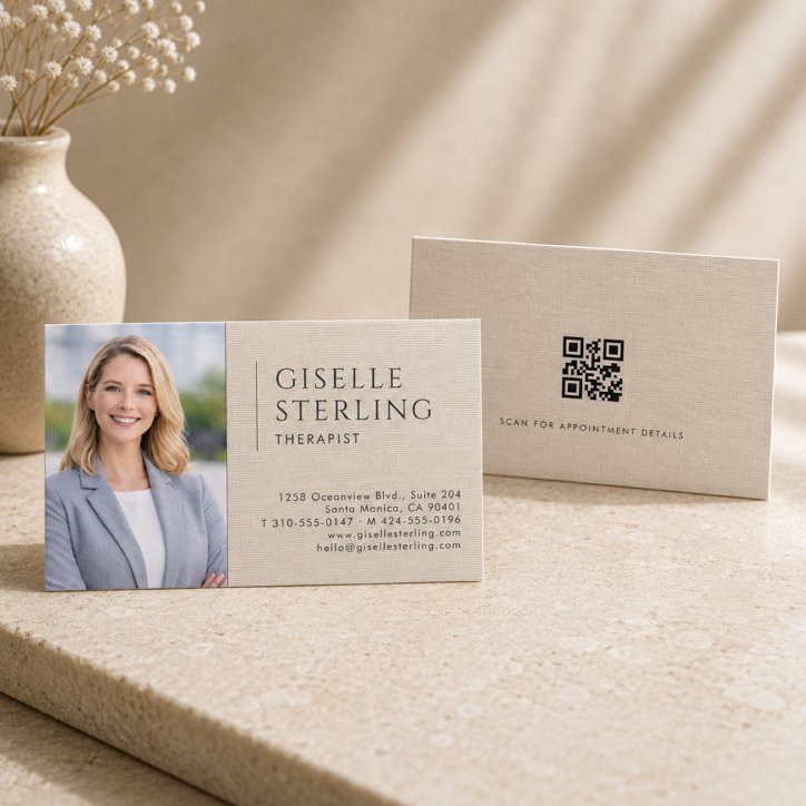 Therapist Linen Photo QR Code Business Card