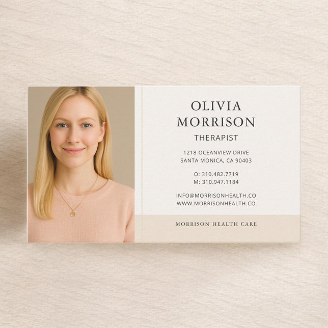 Therapist Psychologist Neutral Beige Photo Business Card (Creator Uploaded)