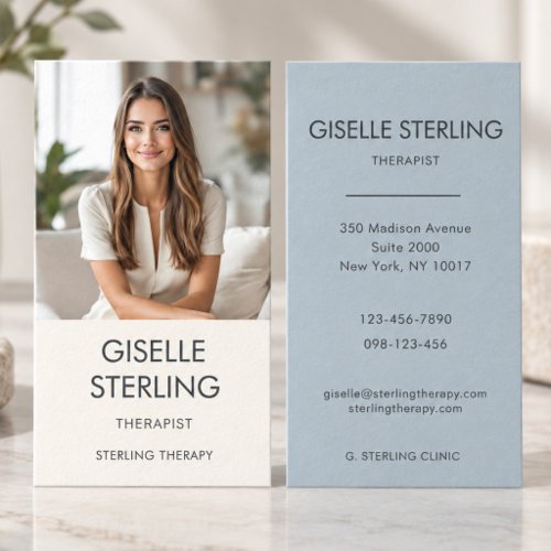Therapist Psychologist Neutral Blue Photo Business Card