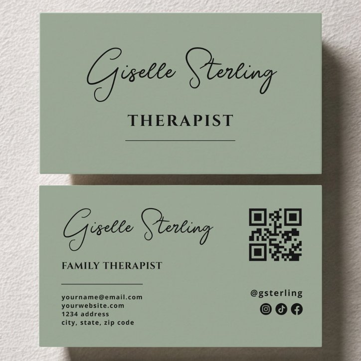 Therapist Psychologist Sage Green QR Code Business Card