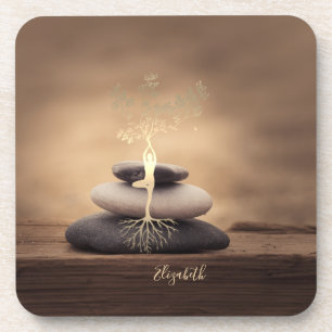 Therapist Zen Stones, Gold Tree Silhouette Brown Beverage Coaster