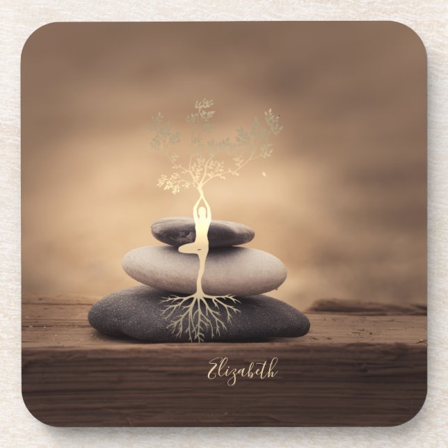 Therapist Zen Stones, Gold Tree Silhouette Brown Beverage Coaster (Front)