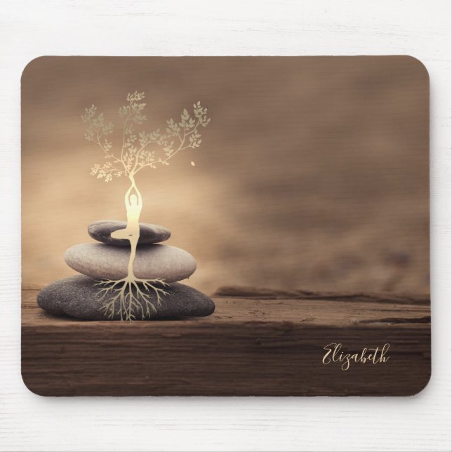 Therapist Zen Stones, Gold Tree Silhouette Brown Mouse Pad (Front)