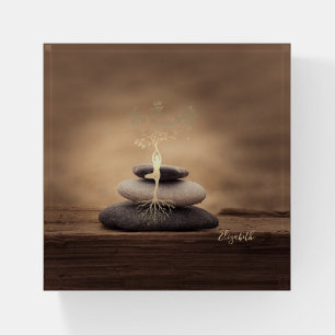 Therapist Zen Stones, Gold Tree Silhouette Brown Paperweight