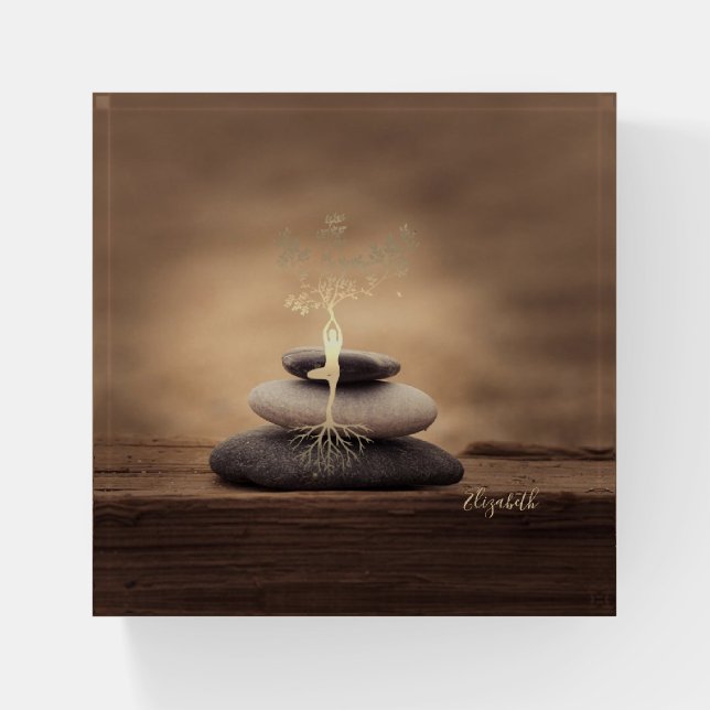 Therapist Zen Stones, Gold Tree Silhouette Brown Paperweight (Front)