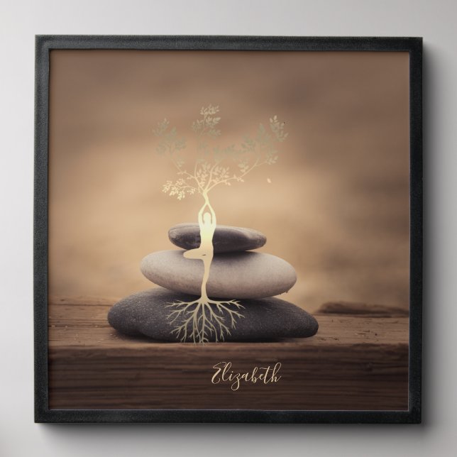 Therapist Zen Stones, Gold Tree Silhouette Brown Peel And Stick Photo Tile (Front Set)
