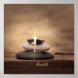 Therapist Zen Stones, Gold Tree Silhouette Brown Poster