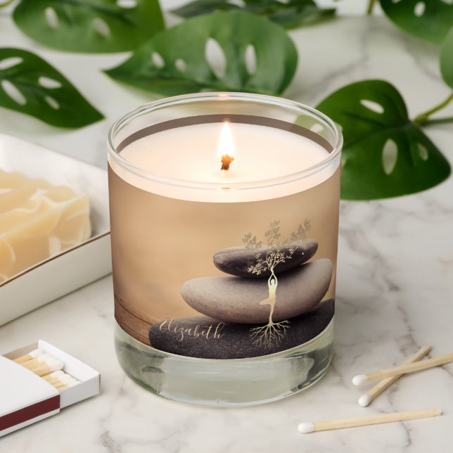 Therapist Zen Stones, Gold Tree Silhouette Brown Scented Candle (Lit)