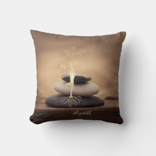 Therapist Zen Stones, Gold Tree Silhouette Brown Throw Pillow