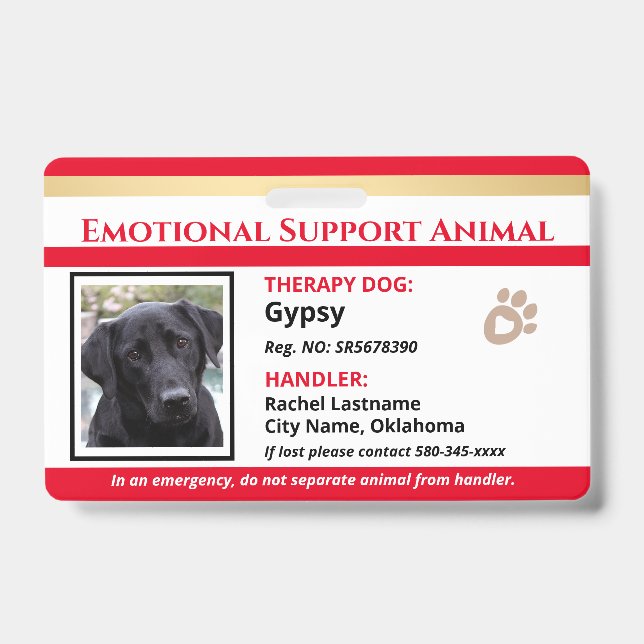 Therapy Animal ID One Photo Option Badge (Front)