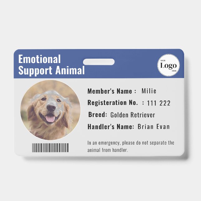Therapy Animal ID Photo Barcode Deep Blue Badge (Front)