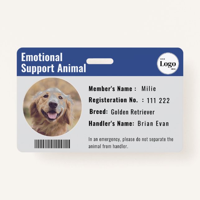 Therapy Animal ID Photo Barcode Deep Blue Badge (Front)