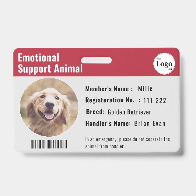 Therapy Animal ID Photo Barcode Red Gray Badge (Front)