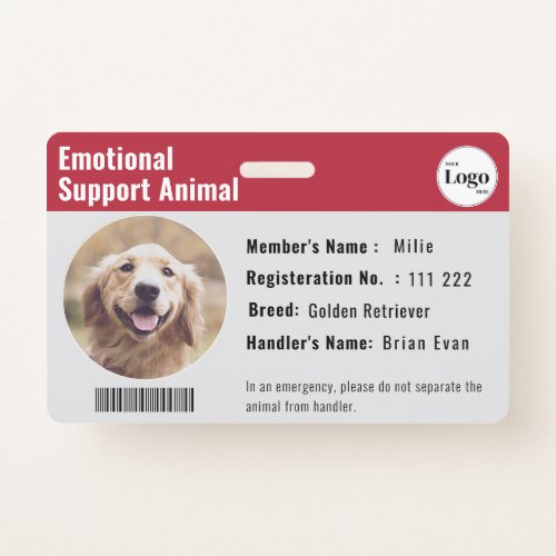 Therapy Animal ID Photo Barcode Red Gray Badge