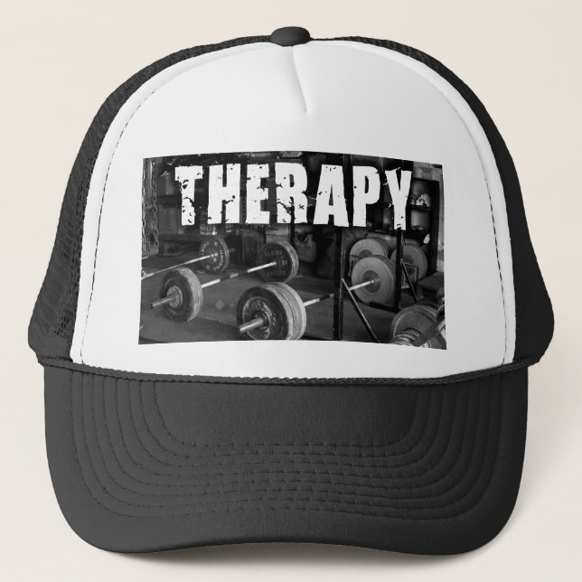 THERAPY (Barbells) - "Weight lifting" Motivational Trucker Hat (Front)