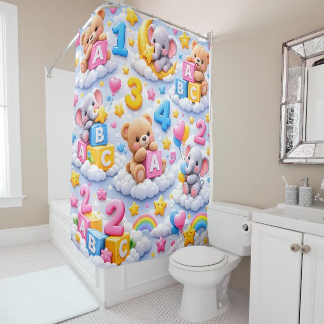 There an elephant ABC numbers shower curtain soft  (In Situ)