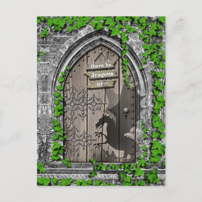 There be Dragons King Arthur Medieval Dragon Door Postcard (Front)