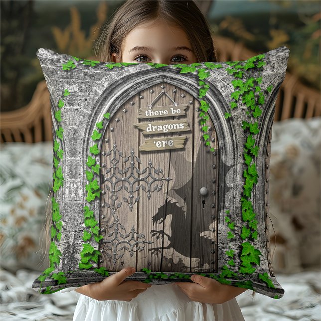 There be Dragons King Arthur Medieval Dragon Door Throw Pillow (Creator Uploaded)