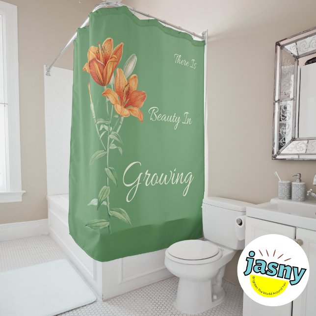 There is Beauty In Growing Green And Orange Floral Shower Curtain (Creator Uploaded)
