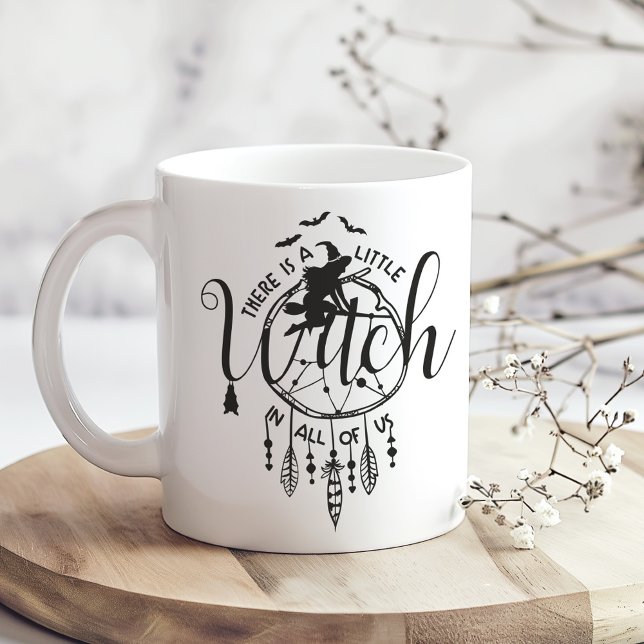 There’s a Little Witch in All of Us – Witchy Boho Giant Coffee Mug (There’s a Little Witch in All of Us – Witchy Boho Giant Coffee Mug on a boho wooden kitchen table.)