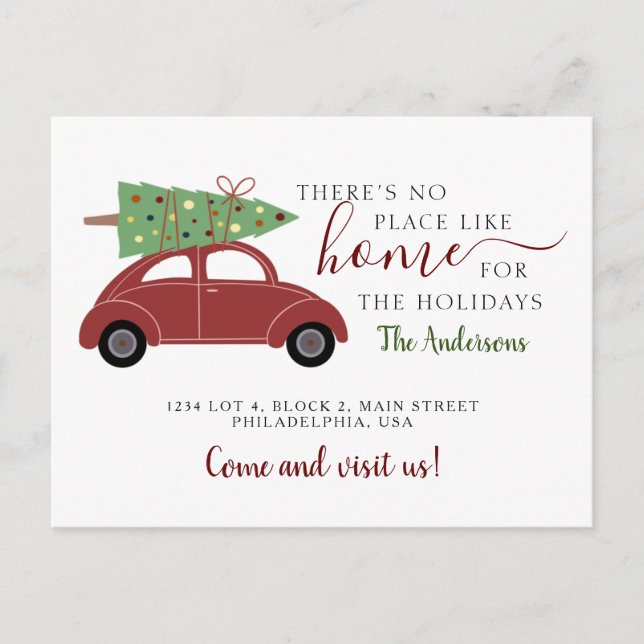 There's No Place like Home Red Car Holiday Moving Announcement Postcard (Front)