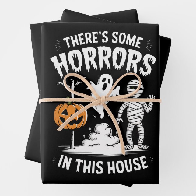 There's Some Horrors In This House Funny Halloween Wrapping Paper Sheets (In situ)