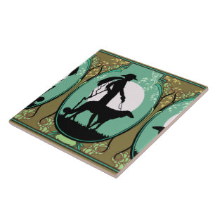 Theresa in Aqua & Olive - Art Deco Lady with Dog Ceramic Tile