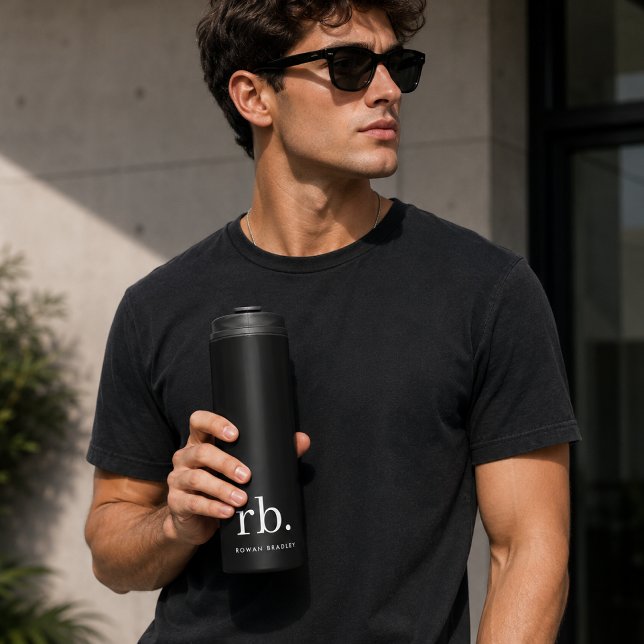 Thermal Tumbler | Personalized Monogram Name Gift (Black monogram tumbler gift for husbands, boyfriends, dads, groomsmen, and office desks.)