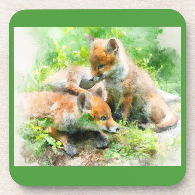 these cute fox cubs playing in the sun. beverage coaster (Front)