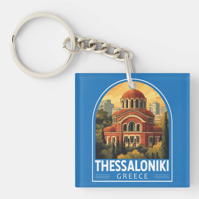 Thessaloniki Greece Agios Pavlos Travel Art Retro Keychain (Front)