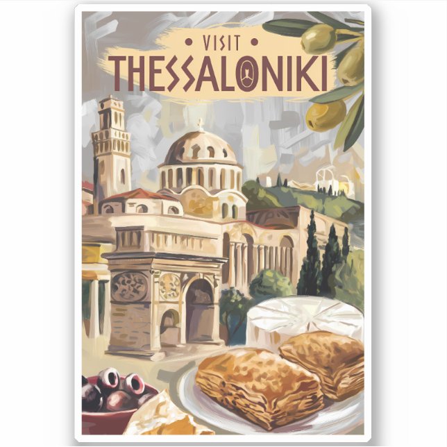 Thessaloniki Greece Painterly Travel Art Vintage Sticker (Front)